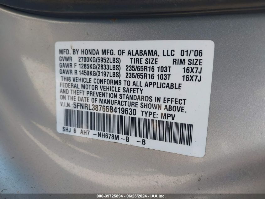 2006 Honda Odyssey Ex-L VIN: 5FNRL38766B419630 Lot: 39725894