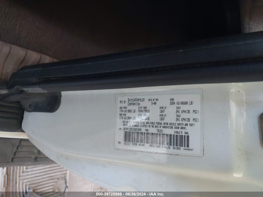 2001 Dodge Ram 1500 St VIN: 3B7HF13Z61G221049 Lot: 39725898