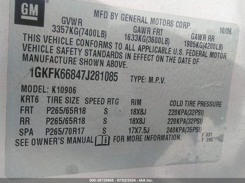 2007 GMC Yukon Xl 1500 Denali VIN: 1GKFK66847J281085 Lot: 39725905