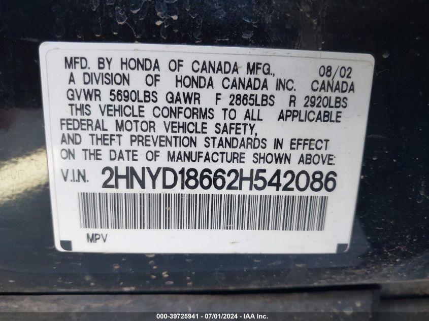 2002 Acura Mdx VIN: 2HNYD18662H542086 Lot: 39725941