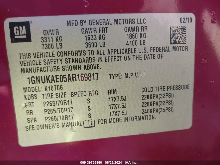 2010 Chevrolet Tahoe Ls VIN: 1GNUKAE05AR169817 Lot: 39725950