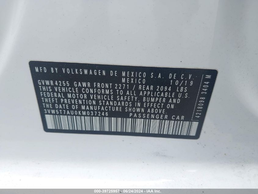 2019 VOLKSWAGEN GOLF GTI 2.0T AUTOBAHN/2.0T RABBIT EDITION/2.0T S/2.0T SE - 3VW5T7AU0KM037246