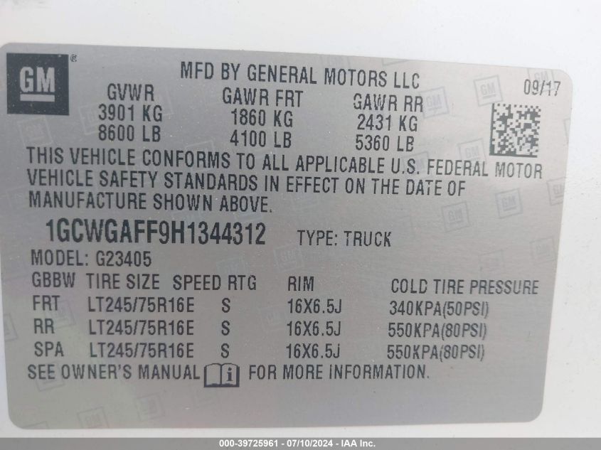 2017 Chevrolet Express 2500 Work Van VIN: 1GCWGAFF9H1344312 Lot: 39725961