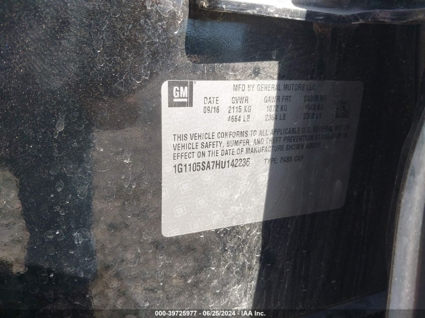 2017 Chevrolet Impala Lt VIN: 1G1105SA7HU142236 Lot: 39725977