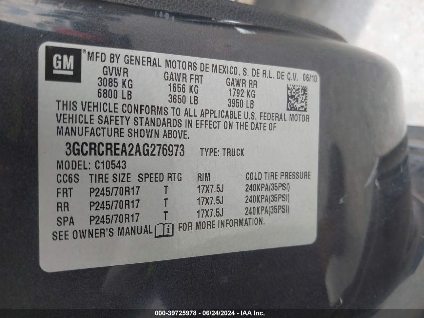 2010 Chevrolet Silverado 1500 Ls VIN: 3GCRCREA2AG276973 Lot: 39725978