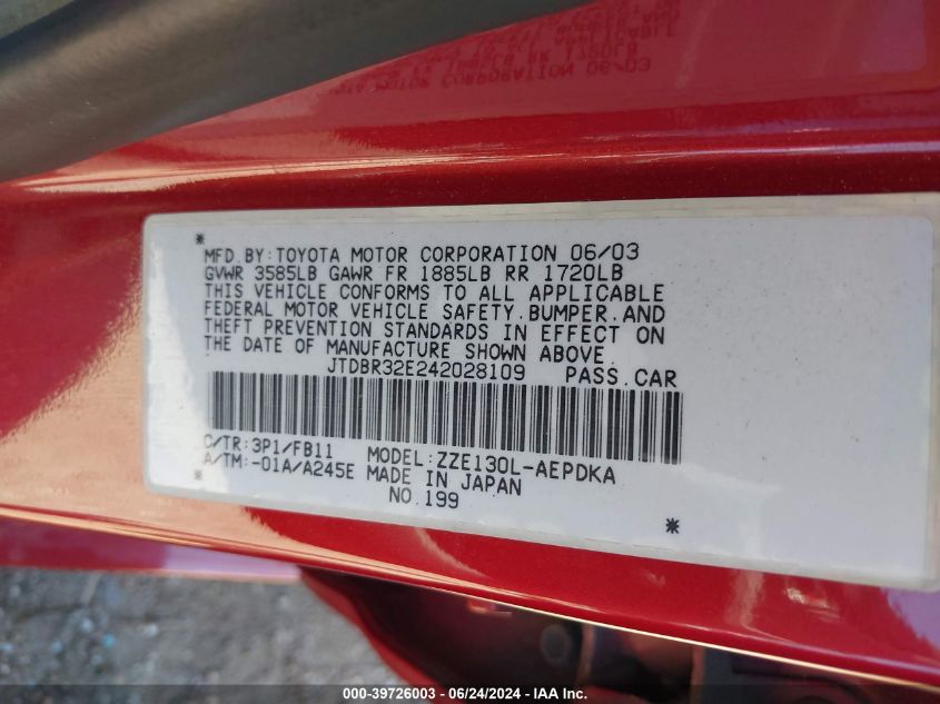 2004 Toyota Corolla Ce VIN: JTDBR32E242028109 Lot: 39726003