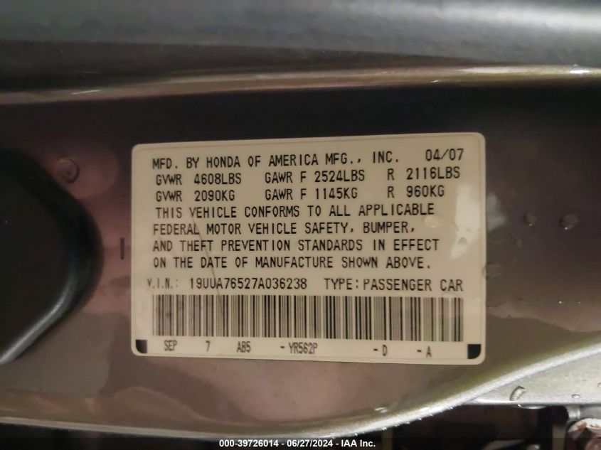 19UUA76527A036238 2007 Acura Tl Type S