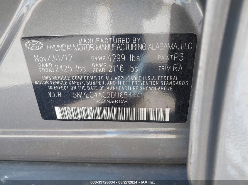2013 Hyundai Sonata Se/Limited VIN: 5NPEC4AC2DH654441 Lot: 39726034