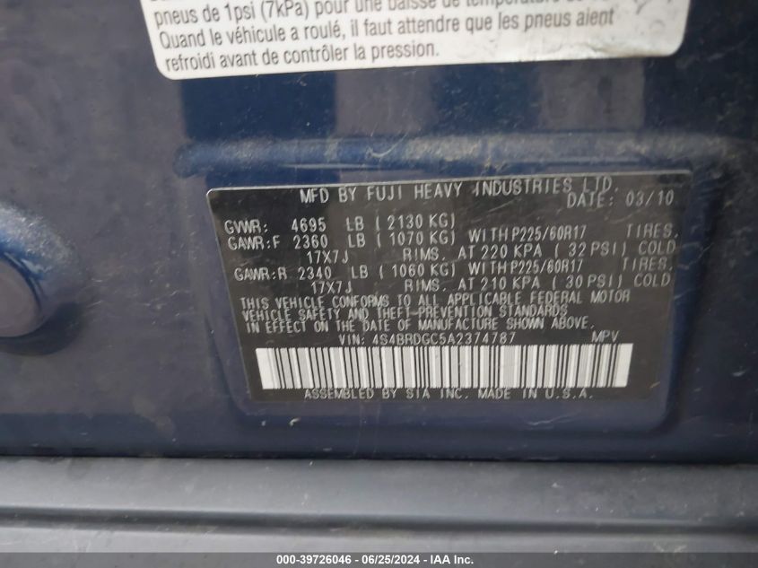 2010 Subaru Outback 3.6R Premium VIN: 4S4BRDGC5A2374787 Lot: 39726046