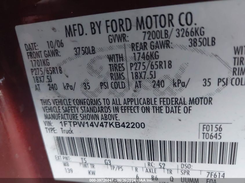 2007 Ford F-150 Fx4/King Ranch/Lariat/Xlt VIN: 1FTPW14V47KB42200 Lot: 39726047