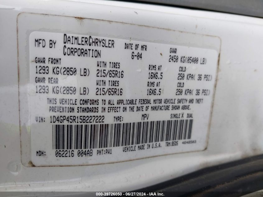 2005 Dodge Caravan Sxt VIN: 1D4GP45R15B227222 Lot: 39726050