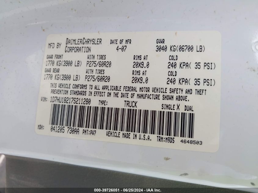 2007 Dodge Ram 1500 Slt/Trx4 Off Road/Sport VIN: 1D7HU18217S211280 Lot: 39726051