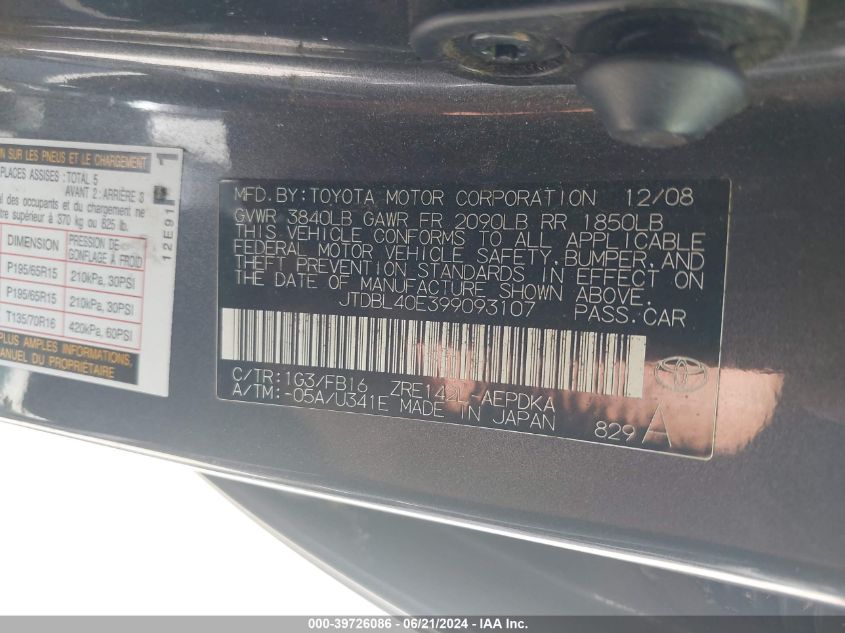 2009 Toyota Corolla Le VIN: JTDBL40E399093107 Lot: 39726086