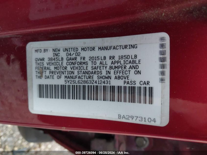 2003 Pontiac Vibe VIN: 5Y2SL62863Z412431 Lot: 39726094