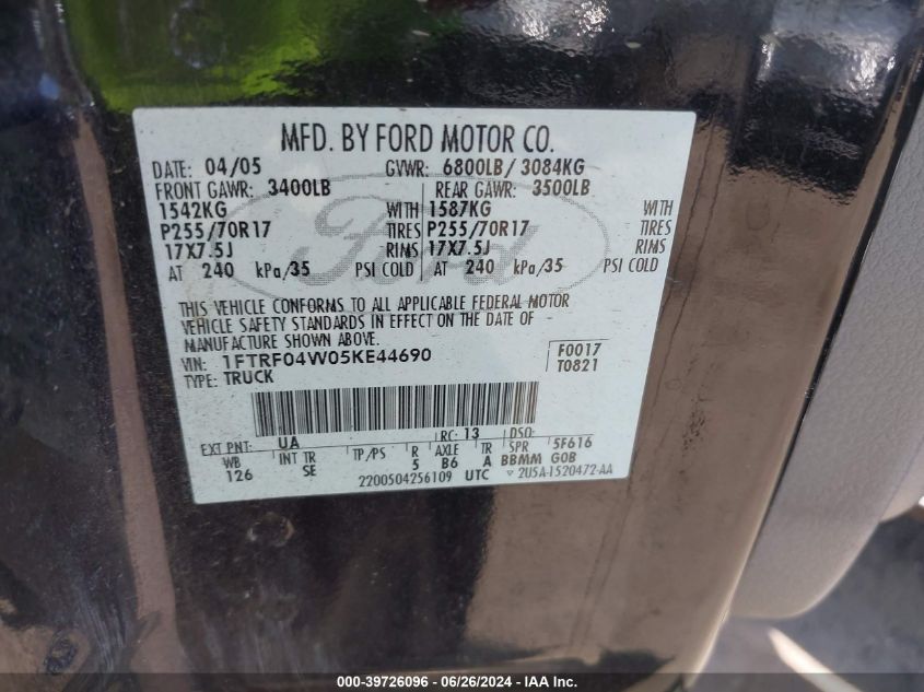 2005 Ford F-150 Stx/Xlt VIN: 1FTRF04W05KE44690 Lot: 39726096