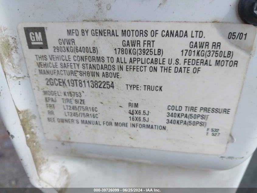 2001 Chevrolet Silverado 1500 VIN: 2GCEK19T811382254 Lot: 39726099