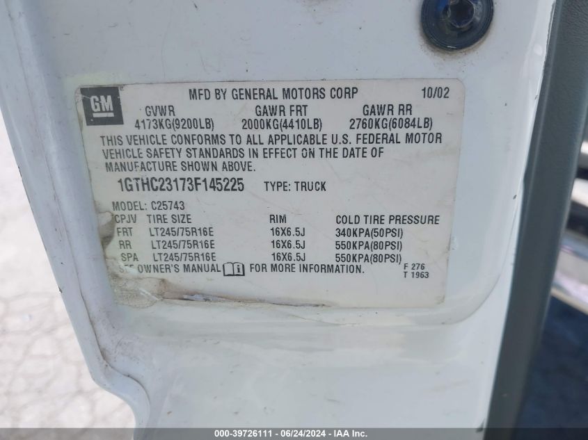 2003 GMC Sierra 2500Hd Sle VIN: 1GTHC23173F145225 Lot: 39726111