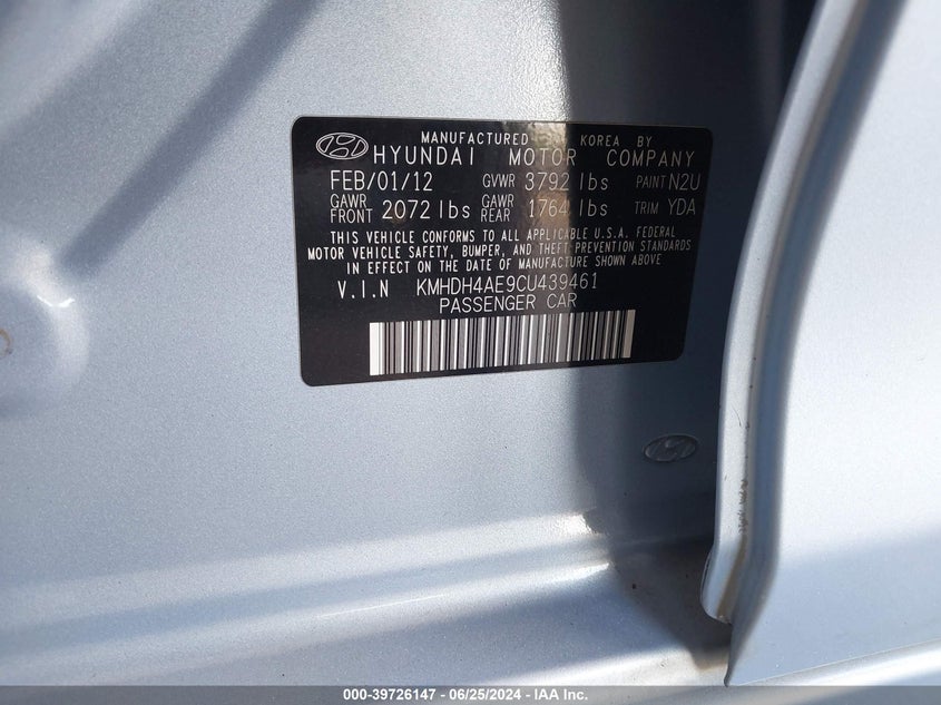 2012 Hyundai Elantra Gls/Limited VIN: KMHDH4AE9CU439461 Lot: 39726147