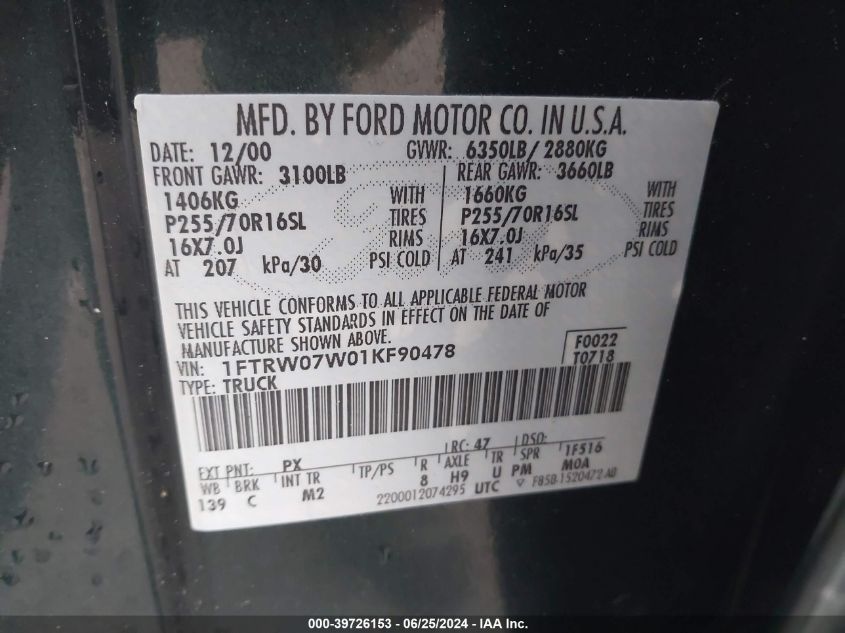 2001 Ford F-150 VIN: 1FTRW07W01KF90478 Lot: 39726153