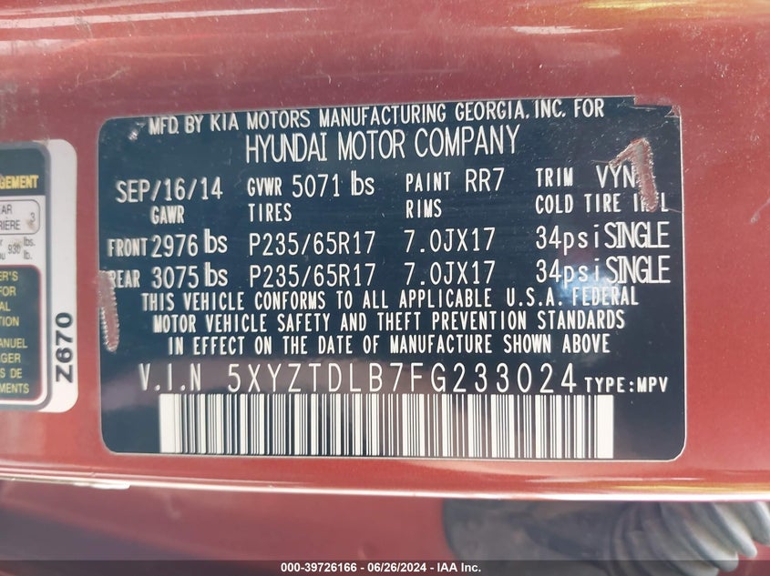 2015 Hyundai Santa Fe Sport VIN: 5XYZTDLB7FG233024 Lot: 39726166