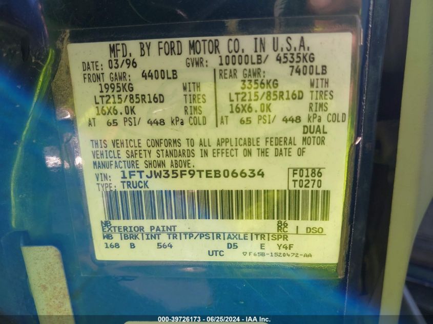 1996 Ford F350 VIN: 1FTJW35F9TEB06634 Lot: 39726173
