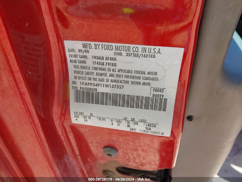 2001 Ford Focus Se VIN: 1FAFP34P11W127357 Lot: 39726178