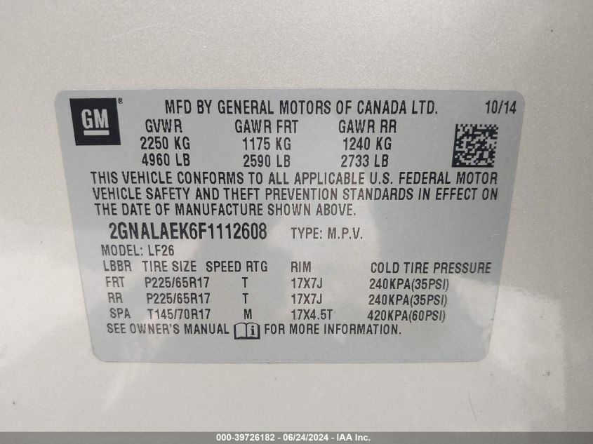 2015 Chevrolet Equinox Ls VIN: 2GNALAEK6F1112608 Lot: 39726182