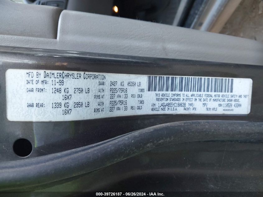 2000 Jeep Grand Cherokee Laredo VIN: 1J4GW48S5YC180638 Lot: 39726187