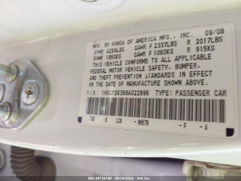 2009 Honda Accord 2.4 Lx VIN: 1HGCP26399A022996 Lot: 39726190