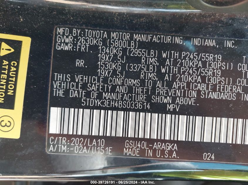 2011 Toyota Highlander Limited V6 VIN: 5TDYK3EH4BS033614 Lot: 39726191