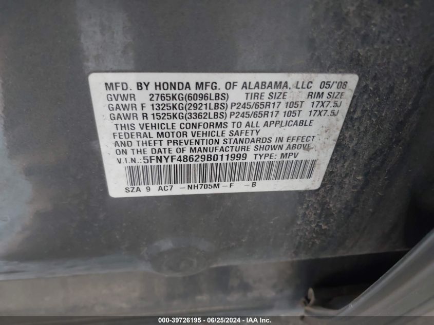 2009 Honda Pilot Ex-L VIN: 5FNYF48629B011999 Lot: 39726195