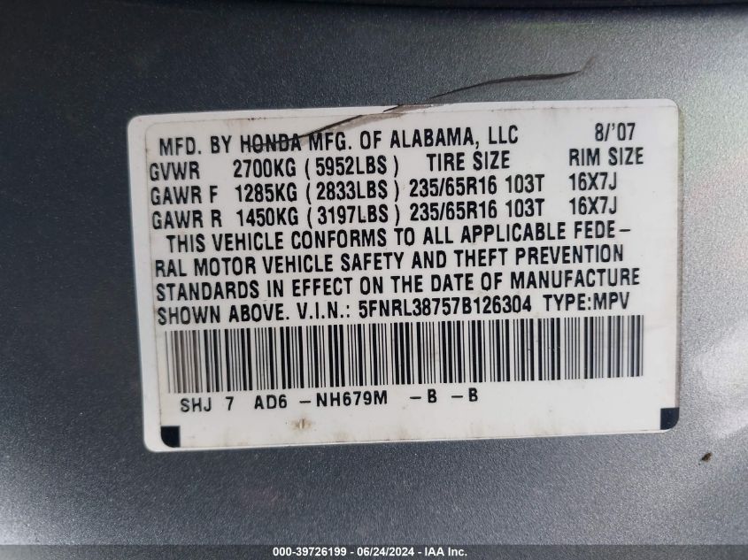 2007 Honda Odyssey Ex-L VIN: 5FNRL38757B126304 Lot: 39726199