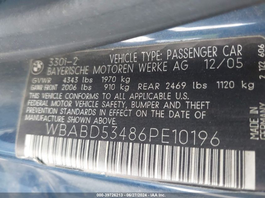 2006 BMW 330Ci VIN: WBABD53486PE10196 Lot: 39726213