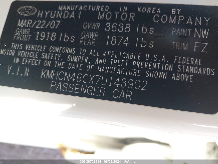 2007 Hyundai Accent Gls VIN: KMHCN46CX7U143902 Lot: 39726214