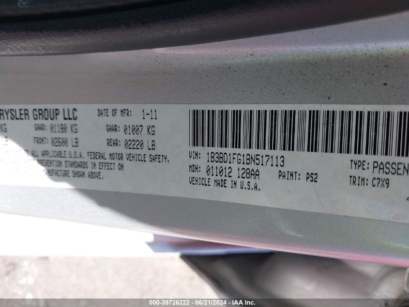 2011 Dodge Avenger Mainstreet VIN: 1B3BD1FG1BN517113 Lot: 39726222