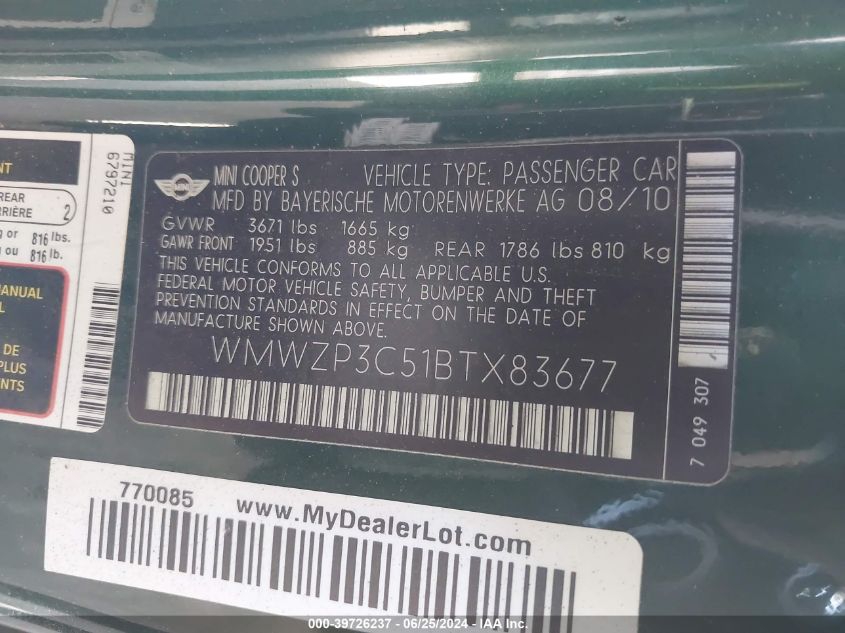 2011 Mini Cooper S VIN: WMWZP3C51BTX83677 Lot: 39726237
