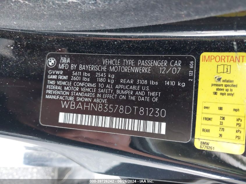 2008 BMW 750Li VIN: WBAHN83578DT81230 Lot: 39726242
