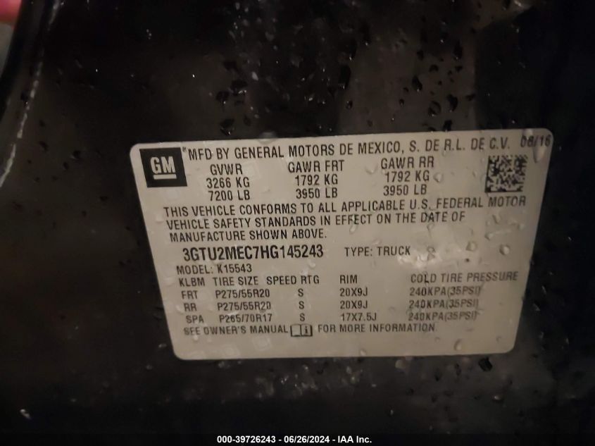 2017 GMC Sierra 1500 Sle VIN: 3GTU2MEC7HG145243 Lot: 39726243