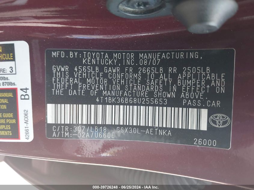 2008 Toyota Avalon Xl/Xls/Touring/Limited VIN: 4T1BK36B68U255653 Lot: 39726248