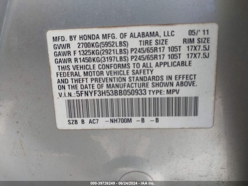 2011 Honda Pilot Ex-L VIN: 5FNYF3H53BB050933 Lot: 39726249