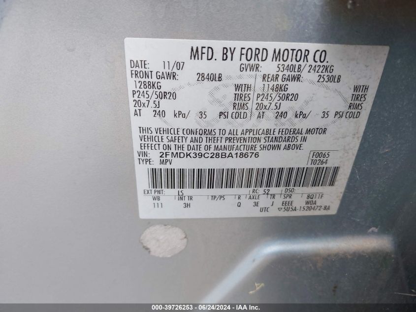 2008 Ford Edge Limited VIN: 2FMDK39C28BA18676 Lot: 39726253