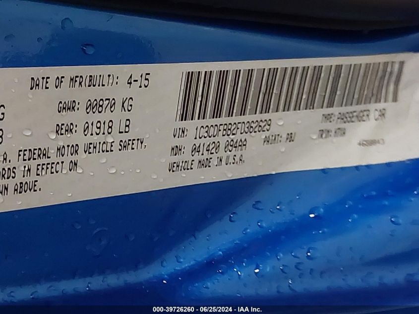 2015 Dodge Dart Sxt VIN: 1C3CDFBB2FD362629 Lot: 39726260