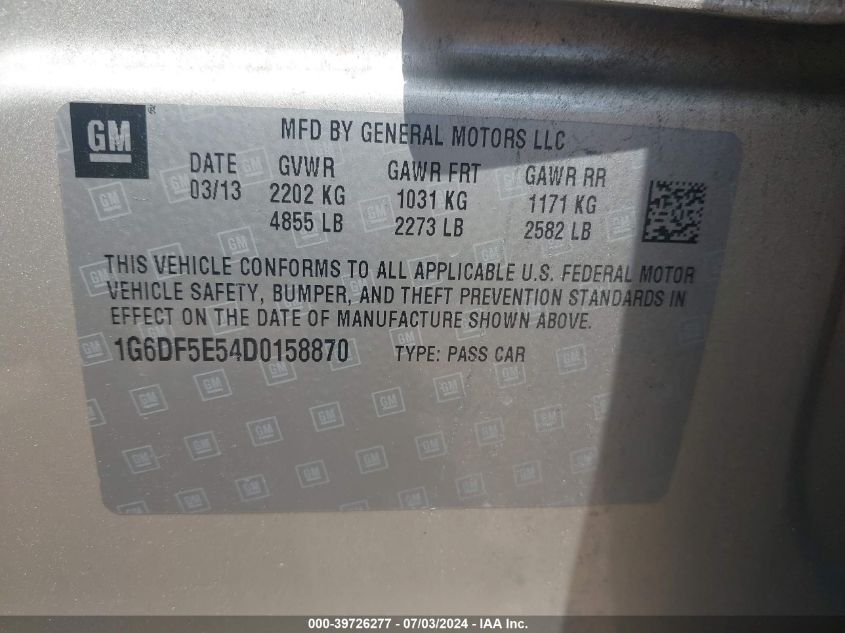 2013 Cadillac Cts Luxury Collection VIN: 1G6DF5E54D0158870 Lot: 39726277