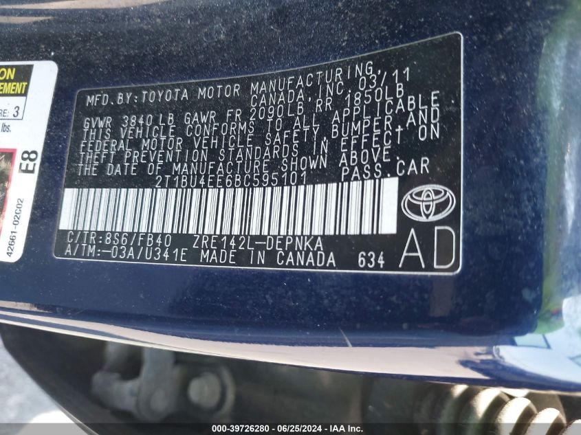 2011 Toyota Corolla Le VIN: 2T1BU4EE6BC595101 Lot: 39726280