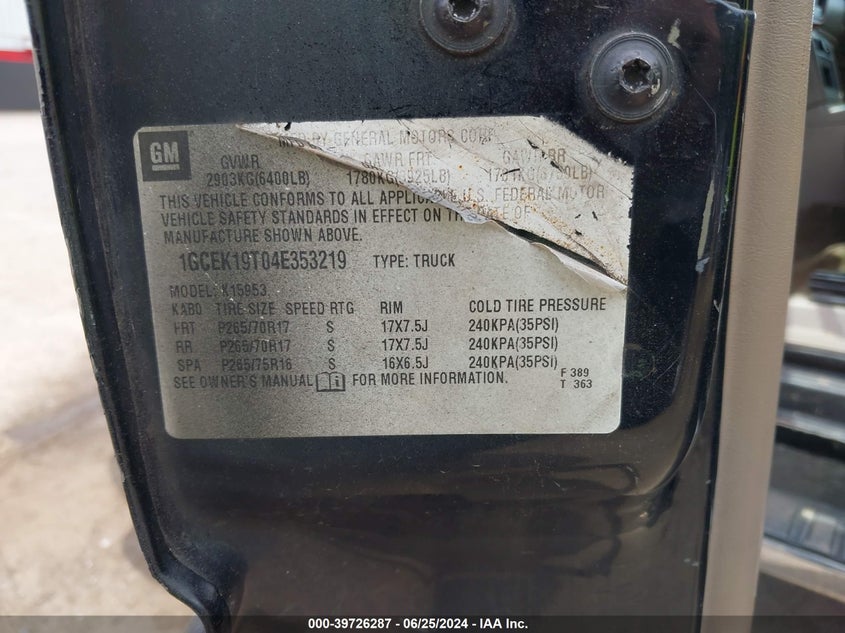 2004 Chevrolet Silverado 1500 Lt VIN: 1GCEK19T04E353219 Lot: 39726287
