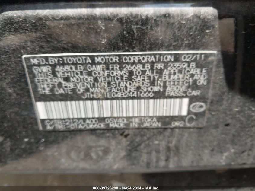 2011 Lexus Es 350 VIN: JTHBK1EG4B2441666 Lot: 39726290