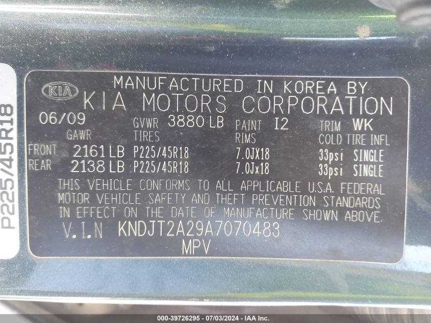 2010 Kia Soul + VIN: KNDJT2A29A7070483 Lot: 39726295