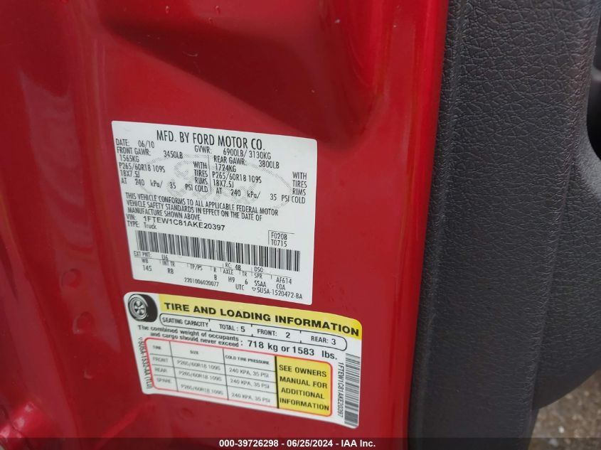 2010 Ford F150 Supercrew VIN: 1FTEW1C81AKE20397 Lot: 39726298