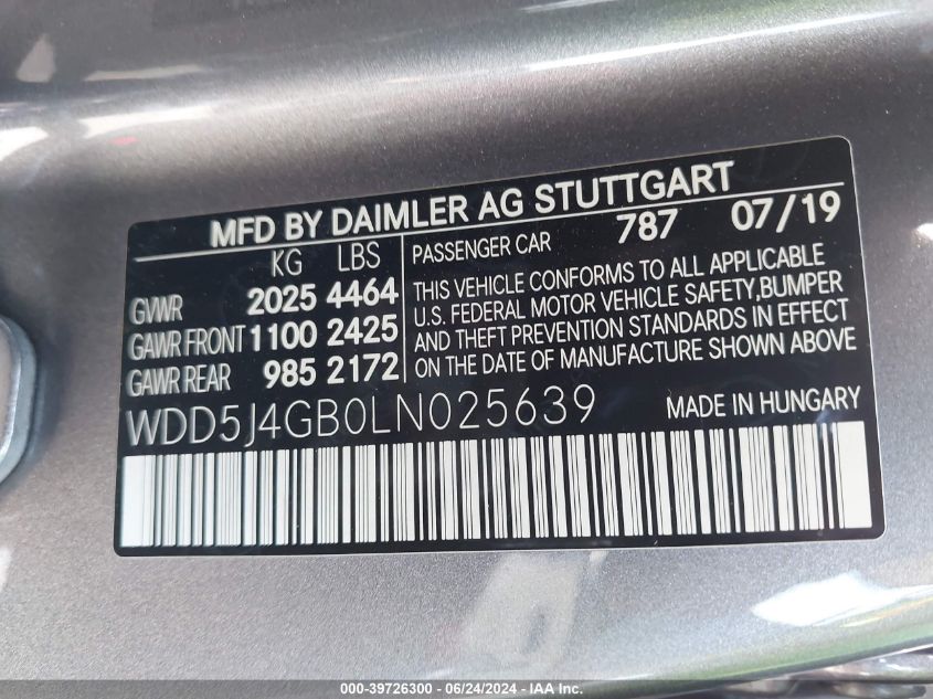 2020 Mercedes-Benz Cla 250 VIN: WDD5J4GB0LN025639 Lot: 39726300