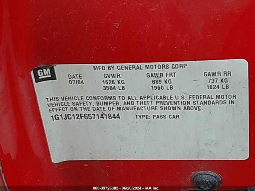 2005 Chevrolet Cavalier VIN: 1G1JC12F657141844 Lot: 39726302